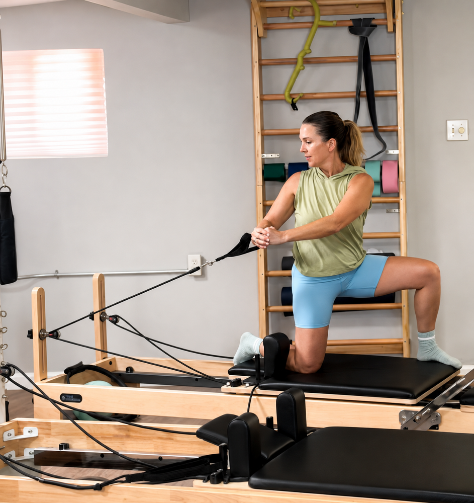 Woman performing reformer Pilates at MAS Movement Pilates in Montrose, California